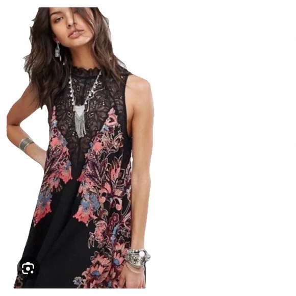 Free People Marsha Print Slip Dress Black High Neck Mini Lace And Keyhole Back L - Picture 10 of 16